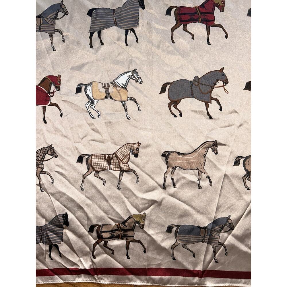 Horses In Blankets Scarf 27" x 27" Square Satin Equestrian Chic Champagne - Picture 5 of 8